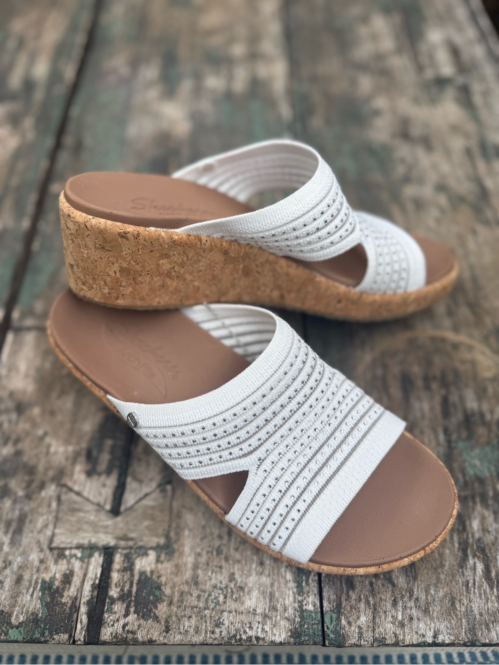 Skechers Arch Fit White Rhinestone Cork Wedge Slide Sandals Sz 8 NWOT